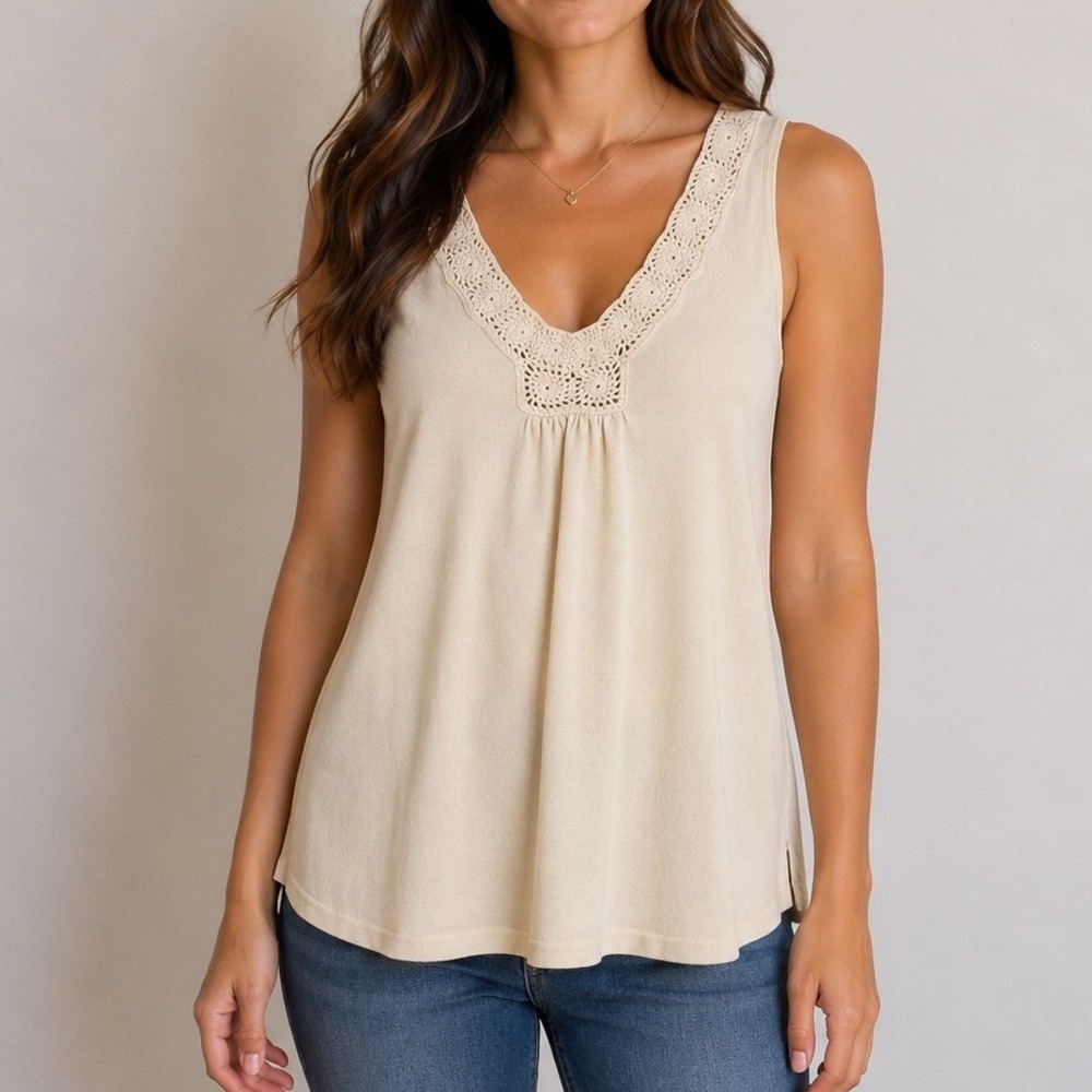 August Silk Crochet Trim Sleeveless Knit Top Large Ivory Neutral Sweater Tank